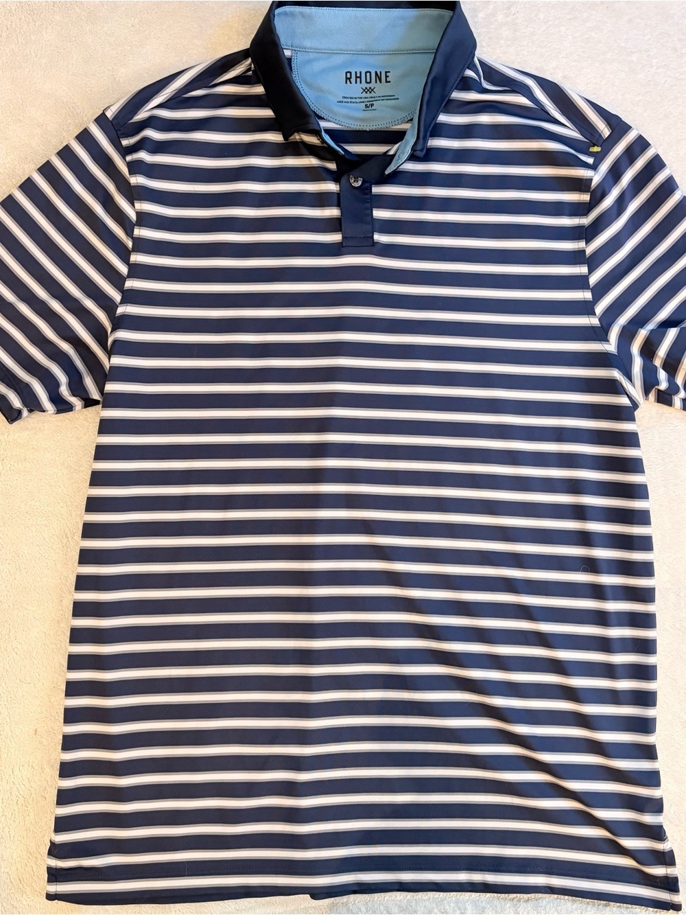 Rhone Men’s Performance Navy & White Striped Golf Polo Shirt Sz S